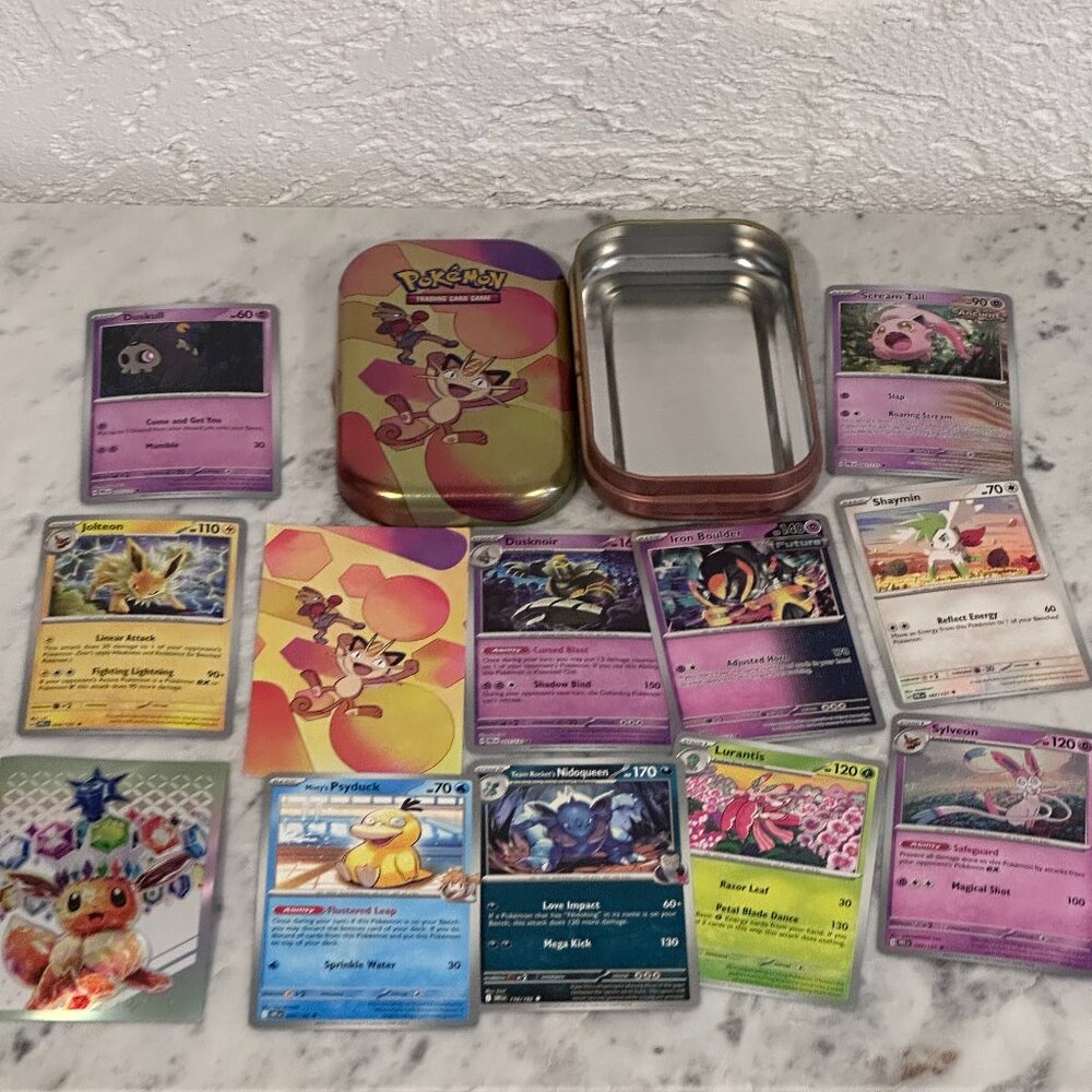 Pokémon Trading Card Tin Set – Meowth Collector Tin + Cards Bundle–Ready to Play
